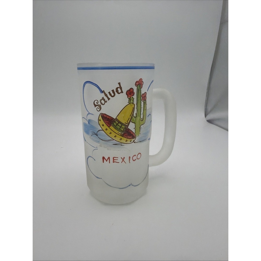 Mexico Salud Hand Painted Frosted Glass Beverage Beer Drink Mug Hazel Atlas 6"